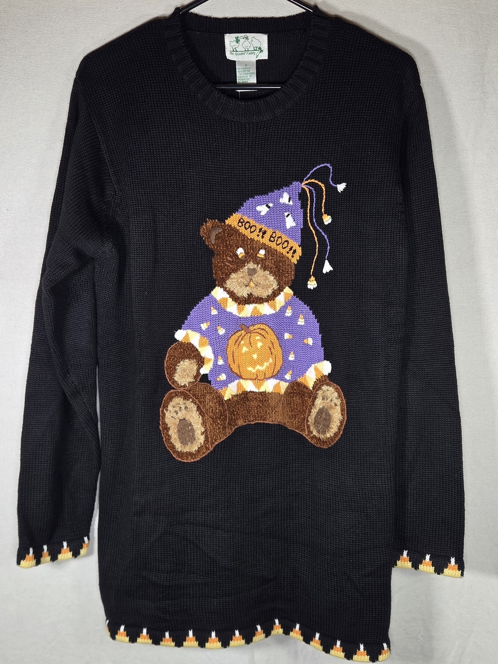Vtg Quacker Factory Halloween Teddy Bear Knit Sweater Pumpkin Womans Sz S